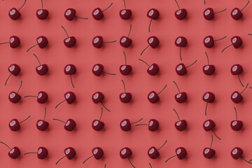 Many cherries on brown background. Top flat view, horizontal. 3d render, illustration