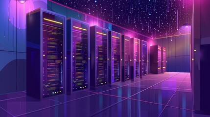Supercomputer flat design, side view, high-performance computing theme, cartoon drawing, vivid