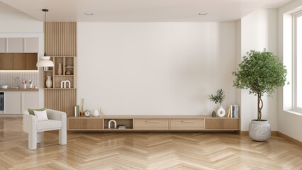 Wall Mural - Cozy modern scandinavian  style of  living room interior ,wood floor ,white wall , 3d render