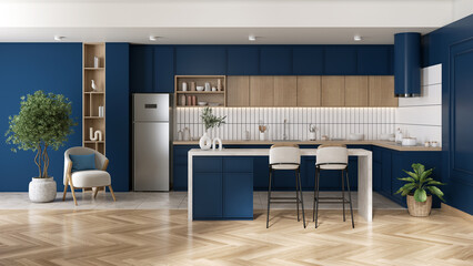 Wall Mural - Blue kitchen  and dinning room  interior design ,modern scandinavian  style ,3d render