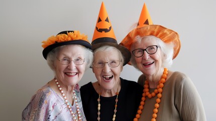 Cheerful Senior Citizens Enjoying Halloween Photo Booth with Festive Props and Decorations, Making Fun Memories Together