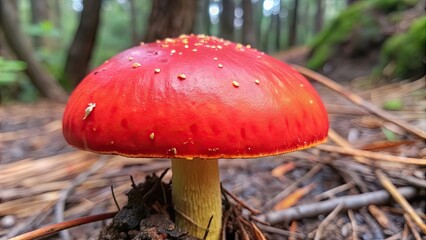 Wall Mural - A close-up photo of a vibrant mushroom in a forest setting, mushroom, fungus, nature, organic, growing, wild, forest, vibrant