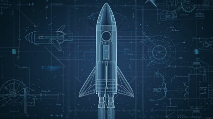 Rocket Diagram flat design, front view, blueprint theme, animation, Monochromatic Color Scheme