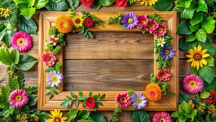 Sticker - Wooden frame adorned with colorful flowers and green leaves, wood, frame, decoration, flowers, leaves, floral, botanical