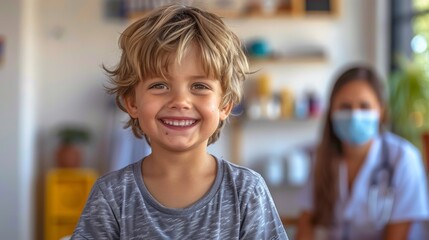 Smiling boy in casual attire enjoying an activity indoors with a caregiver in the background wearing a mask during a sunny day