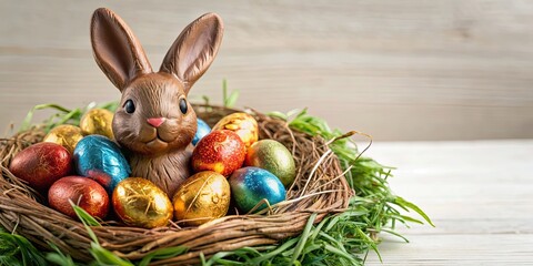 Wall Mural - Easter nest filled with chocolate eggs and a decorated bunny , Easter, nest, chocolate eggs, decorated bunny, holiday