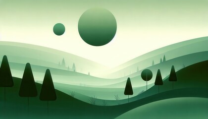 A minimalist illustration of a green landscape with a green sun and a few trees