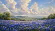 © Gia - This painting captures an expansive field densely populated with lush bluebonnet flowers stretching towards the horizon, framed by vast, sunlit clouds and distant cliffs.