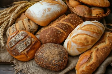 Poster - Variety of fresh, artisan breads and wheat stalks on a rustic wooden surface