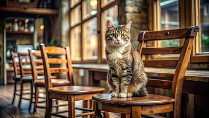 Sticker - Homeless stray cat looking cozy on a wooden chair in a rustic cafe, homeless, stray, cat, feline, sitting, chair, cafe, cozy