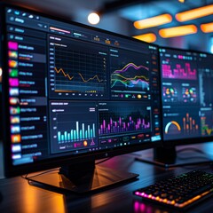 Poster - dashboard on computer screen analyzing large amounts of data and text with AI system check message, graphics, modern, minimalistic, black background