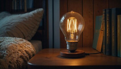 Wall Mural - A warm glowing light bulb inside a cozy bedside lamp