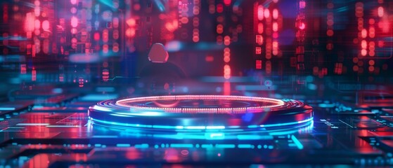 Poster - 3D metallic podium with holographic display, cyberpunk vibe, futuristic tech ad