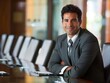 © koala studio - A businessman sits confidently at a conference table, arms crossed, in a well-lit office setting