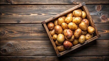 Poster - Fresh organic potatoes in a wooden box , agriculture, gardening, harvest, healthy, farm, wooden, natural, organic, fresh