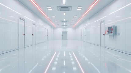 A bright, futuristic lab corridor with sleek sterile design and striking red accents, conveying a modern industrial atmosphere.