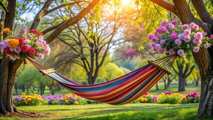 Poster - Hammock hanging between two trees with colorful flowers in the foreground, relaxation, nature, outdoor, tranquil, vacation