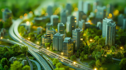 Mini city model, green building, The buildings and roads on green background, 3d rendering, Eco city
