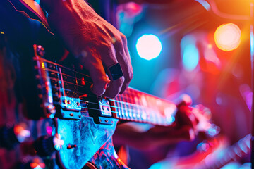 Guitarist plays guitar. Musical band performance on stage. Close-up of guitar

