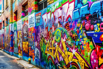 Vibrant abstract background of expressive brush strokes and colorful graffiti adorns a city wall, adding an edgy urban touch to any creative project.