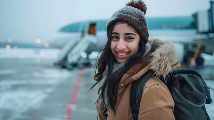 Wall Mural - young indian student boarding flight,she is happy