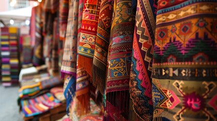 Poster - A vibrant textile market bustling with colors, textures, and tales, showcasing cultural heritage and artisanship.