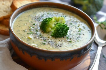 Sticker - Bowl of homemade creamy broccoli soup garnished with herbs, perfect for a cozy meal