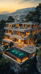 A luxurious, multi-level house with a pool, warmly lit at sunset, offers a spectacular view over the city below.