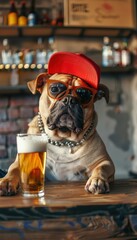 Canvas Print - a dog wearing sunglasses and a red hat sitting at a table with a beer