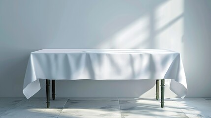 Poster - White Tablecloth on a Table with Sunlight Streaming Through Window