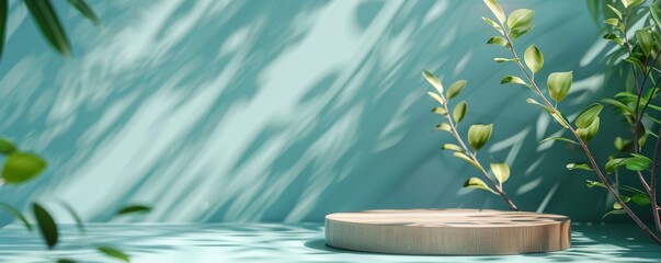 Poster - Minimalistic wooden podium with green leaves and shadows on a turquoise background