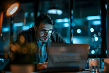Poster - man looking at laptop computer in office at night