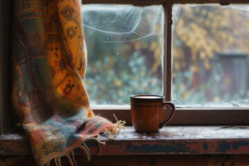 Sticker - Serene autumnal setting featuring a steaming cup beside a colorful throw blanket on a rustic windowsill