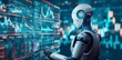 © Tetiana - 3D rendering of a humanoid robot analyzing a stock market chart with trading charts. Concept of artificial intelligence in financial markets, neon lighting, copy space.