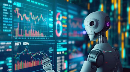 3D rendering of a humanoid robot analyzing a stock market chart with trading charts. Concept of artificial intelligence in financial markets, neon lighting, copy space.