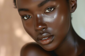 Poster - Tranquil and serene beauty portrait of a young african american woman with flawless. Glowing skin. Showcasing her natural skincare routine and confident. Elegant expression in a close-up