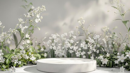 A minimalistic setting featuring delicate white flowers arranged around a plain circular platform for a serene presentation.