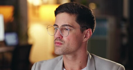 Leinwandbilder - Computer, web designer and glasses in office with reflection, work and thinking in company. Man, online and digital technology at night for deadline, target and development in industry for website