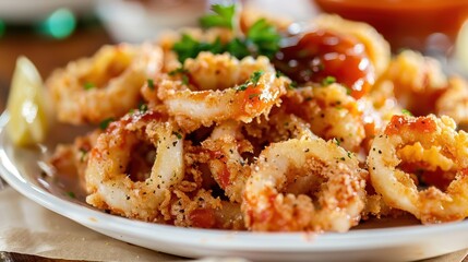 Wall Mural - a plate of fried squid with ketchup and sauce