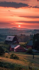 Wall Mural - a red barn sits in a field with a sunset in the background