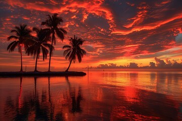 Wall Mural - a sunset with palm trees and a body of water