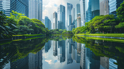 Wall Mural - Urban skyline with a floating green park and towering buildings