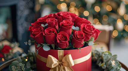 Wall Mural - A red box with a gold bow on it is filled with red roses