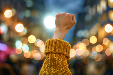 Wall Mural - Raised fist in the air with blurred city lights in background.