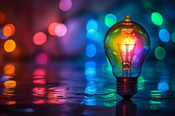 Poster - Colorful illuminated light bulb stands out against a vibrant, defocused light background
