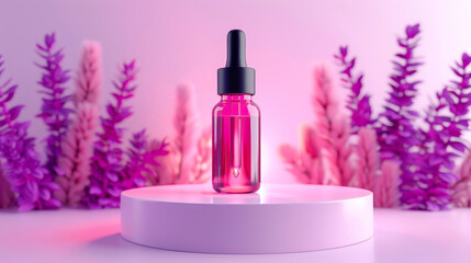 3D pastel mint podium with a minimalist beauty serum bottle, lavender background, soft lighting