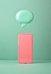 Poster - Pink smartphone with green speech bubble on pastel background symbolizing communication and social media
