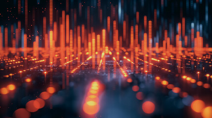 Poster - a cityscape with orange and blue lights. The image has a futuristic and technological feel to it