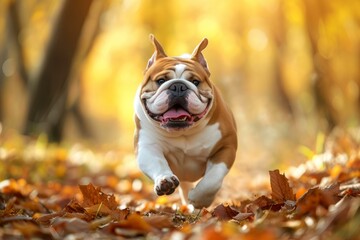 Sticker - Happy english bulldog puppy frolics among fallen leaves in a sunlit autumnal woodland