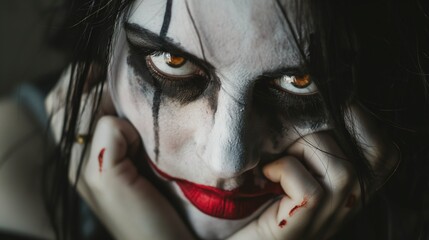 A woman with white face paint, dark eyes, and a red smile